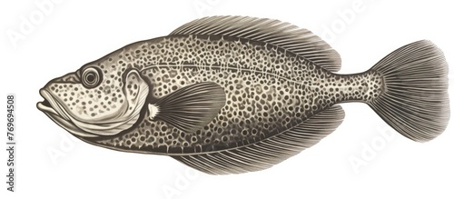 A detailed black and white drawing of a rayfinned fish on a white background showcasing its bony fins, tail, and features commonly found in oily fish. Perfect for marine biology enthusiasts photo