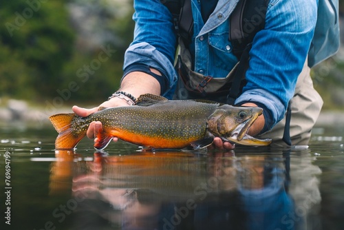 Man is proudly displaying a large brook trout he has just caught. Patagonia.