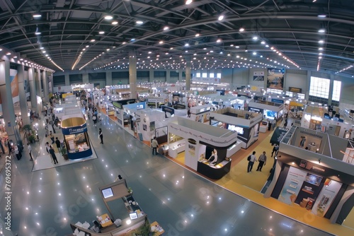 Wide-Angle View of Busy Exhibition Hall with Colorful Booths