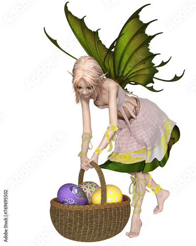 Pretty Spring Fairy Lifting a Basket of Easter Eggs, 3d digitally rendered fantasy illustration