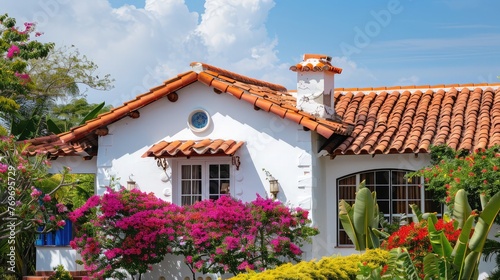 Peaceful white house with red tile roof and pink flowers,small town,roof tiles on a white stucco house with blue shutters,a white stucco house with blue shutters and a tiled roof  © Classy designs