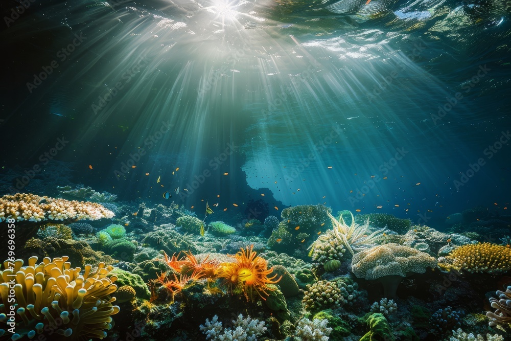 Underwater Beauty of a Sunlit Coral Landscape