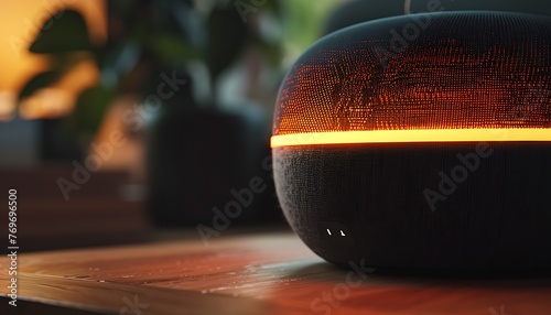 Close-up of a modern aroma diffuser on a wooden table with a blurred background