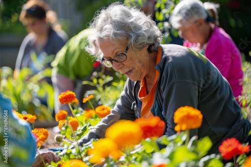Joyful Elder Gardener Cultivating Community Flowerbeds photo