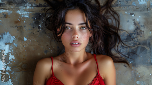 Portrait of a young woman lying down with tousled hair, wearing a red top, against a textured backdrop.