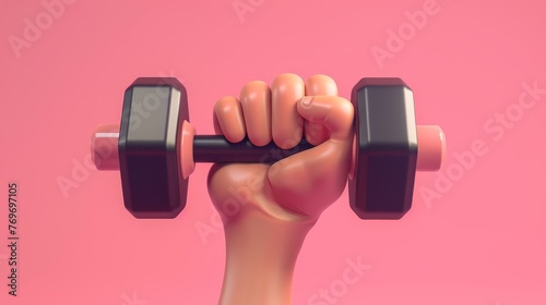 Cartoon hand holds heavy metal dumbbell. Sports motivation clip art, isolated on pink background. Powerlifting at home and indoor fitness.