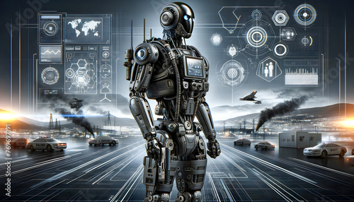 An AI security guard in a futuristic setting, blending elements of advanced technology and robust security features.
