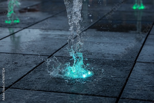 Closeup shot of a fountain illuminated by vibrant green lights spouting water photo