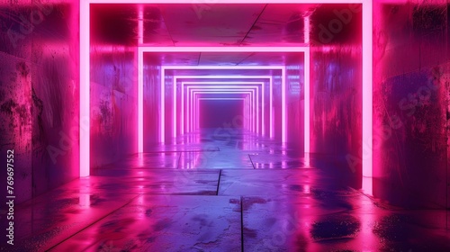 An abstract panoramic background with neon lines glowing in ultraviolet spectrum, with a square frame behind the virtual room. © Bundi
