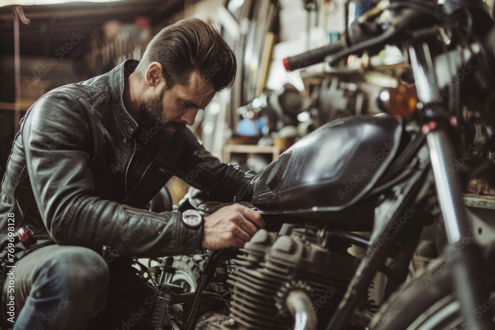 A male mechanic working on an American motorcycle