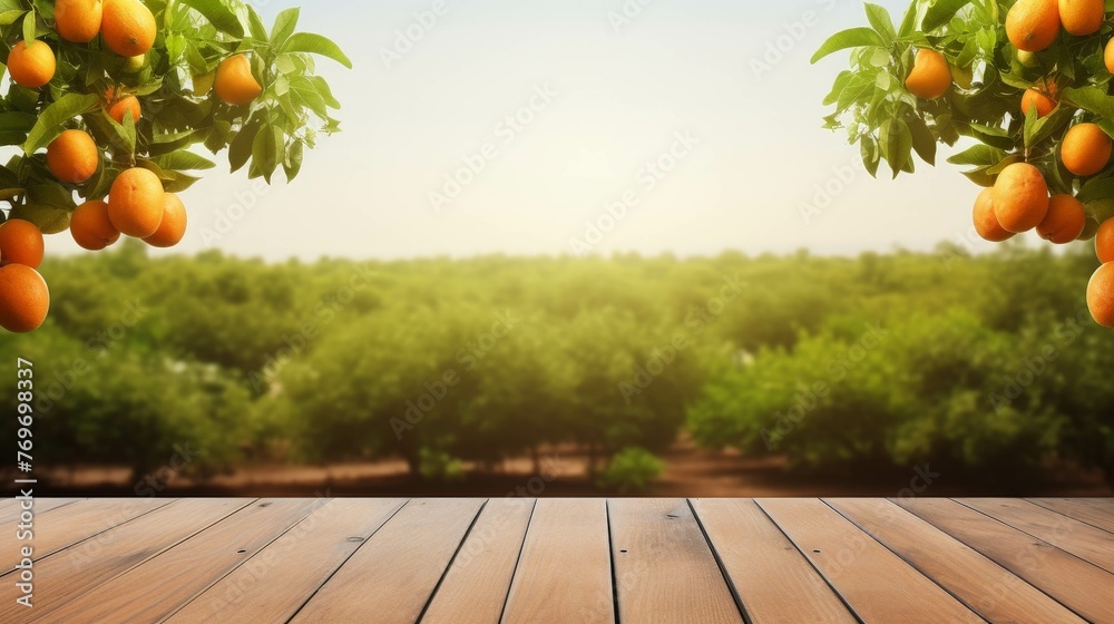 Empty wood table with free space over orange trees, orange field background. For product display montage - generative ai - obrazy, fototapety, plakaty 