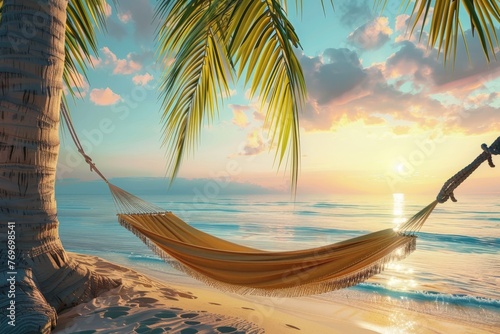 Tropical island escape. palm tree, hammock, and sea view - relaxing vacation paradise retreat