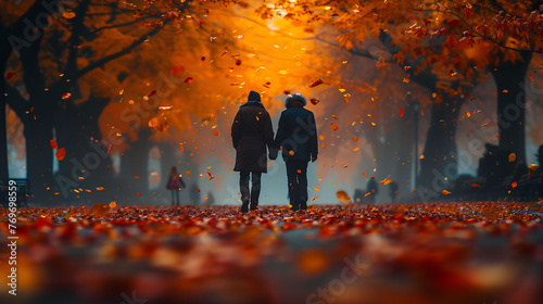 Couple walking hand in hand on a leaf-strewn path with autumn trees and warm sunset light in the background.