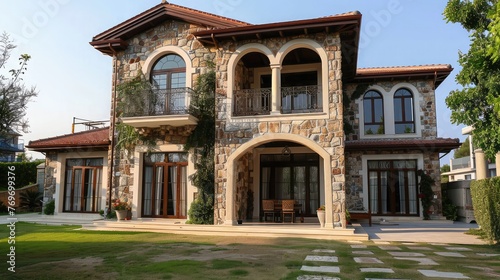 Villa exterior stone decoration works outdoor building house,new construction of mediterranean-style house with intricate details and stone exterior