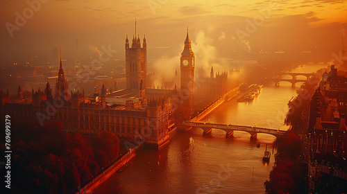 Breathtaking aerial view of London at sunset with iconic Big Ben and Houses of Parliament.