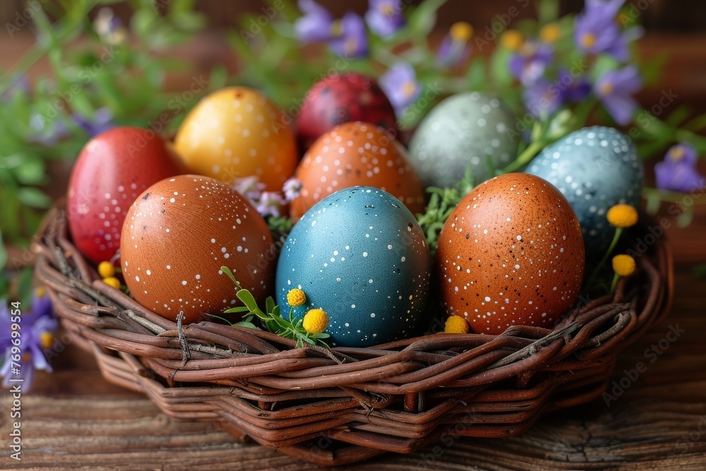 A vibrant and decorative display of hand-painted Easter eggs with distinct patterns nestled in a natural wicker basket amid spring flowers A vibrant and decorative display of hand-painted Easter eggs with distinct patterns nestled in a natural wicker basket amid spring flowers