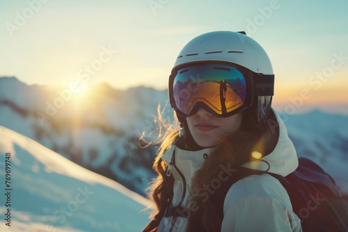Against the canvas of a twilight sky, a skier's silhouette is framed by her helmet and reflective goggles, capturing the calm of the mountains at dusk.