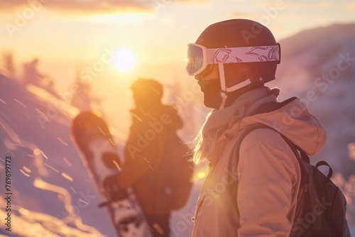 Snowboarders bask in the golden hour, snowflakes glisten in a serene mountain backdrop.