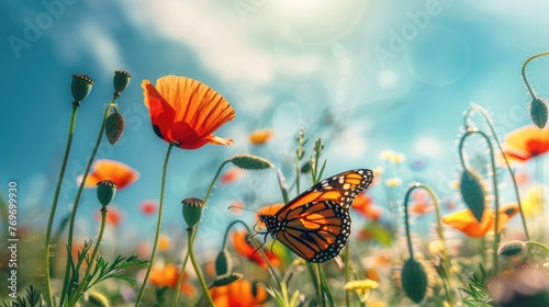 Beautiful red poppy flowers and Monarch butterfly in spring in nature outdoors on sunny day. Blooming poppies. © Lubos Chlubny