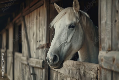 Close-up of a white horse inside his stable