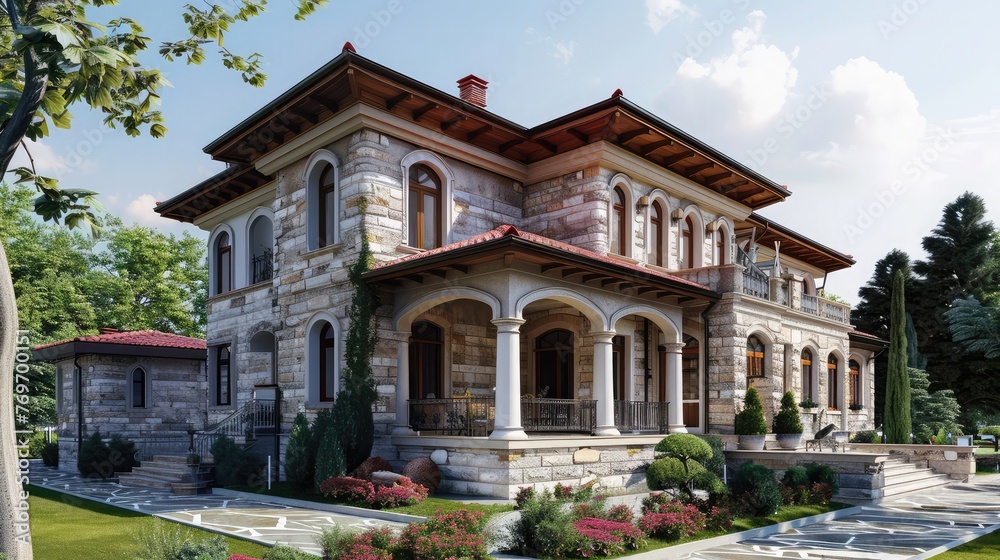 Villa exterior stone decoration works outdoor building house,new construction of mediterranean-style house with intricate details and stone exterior
