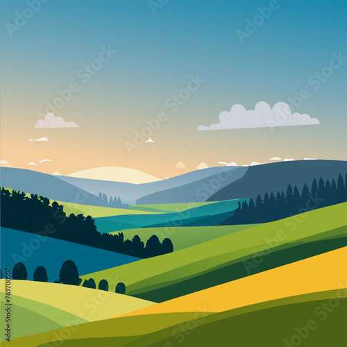 Beautiful summer green fields landscape blue sky on background vector illustration 10 eps