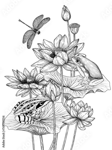 Vector illustration of lotus flowers with frogs and dragonfly in engraving style