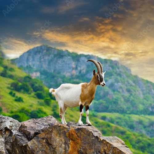 Beautiful screw-horn goat stand on the stone green land mountain