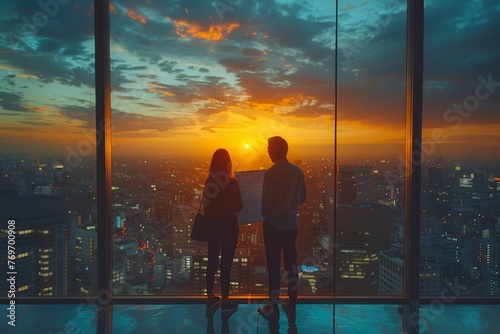 A silhouette of a couple witnessing a stunning sunset from a high-rise building's viewpoint