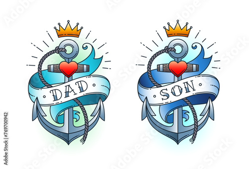 Set of Classic tattoo. Anchor with rope and ribbon with the words - dad and son. Classic old school American retro tattoo. Vector illustration.