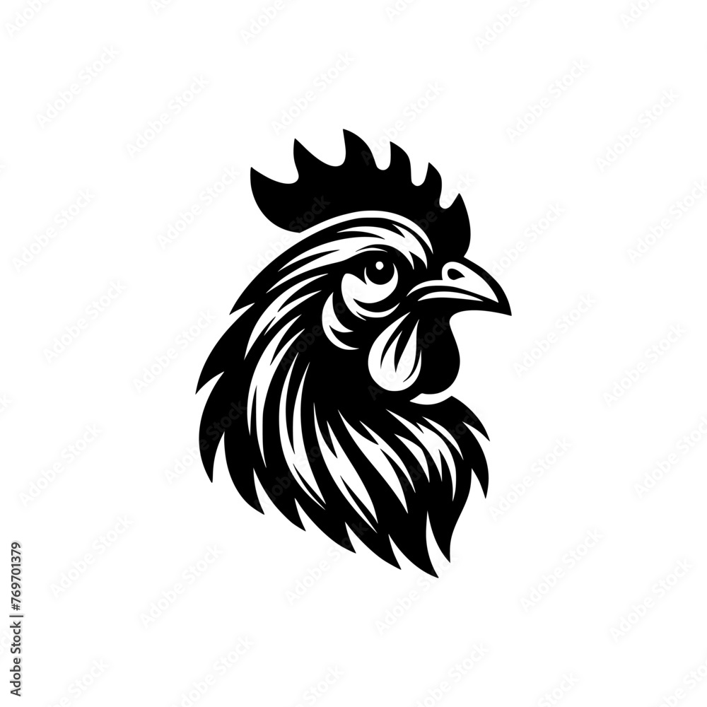 Vector logo of a rooster head. black and white illustration of a chicken, can be used as tattoo.
