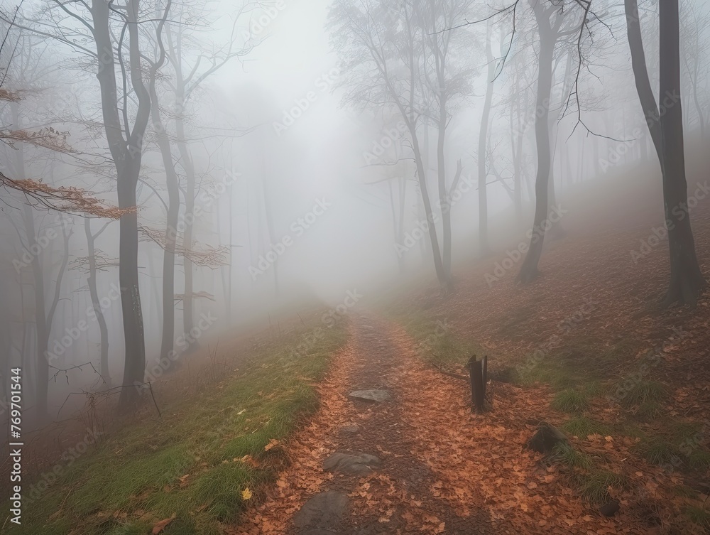 Path trough a strange forest with fog in autumn