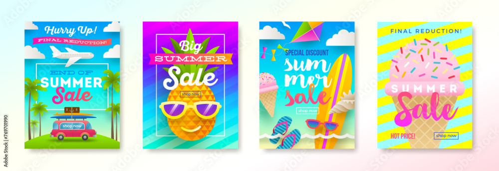 Set of summer sale promotion banners. Summer holiday, vacation and travel colorful bright background. Poster or flyer promo design. Vector illustration.