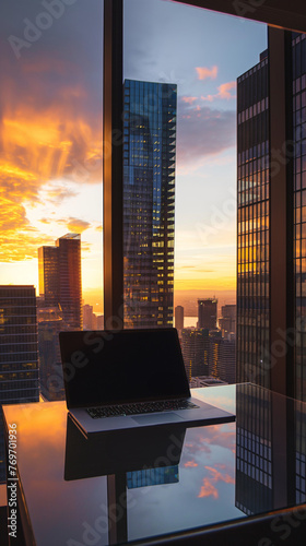 Vertical poster of a desktop with an open laptop in front of a window in an office, on high-rise buildings of a business center at sunset, advertising concept for the sale of offices and apartments