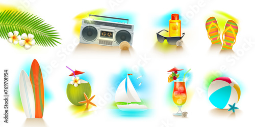 Set of summer holiday and beach vacations design elements. Vector illustration.