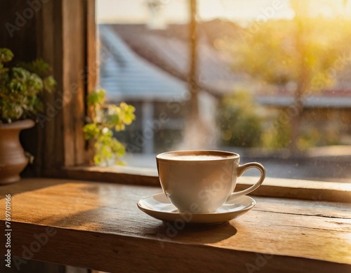 Xícara de café no balcão e janela 2