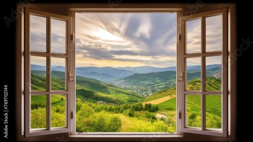 Beautiful landscape nature view background, view from open window