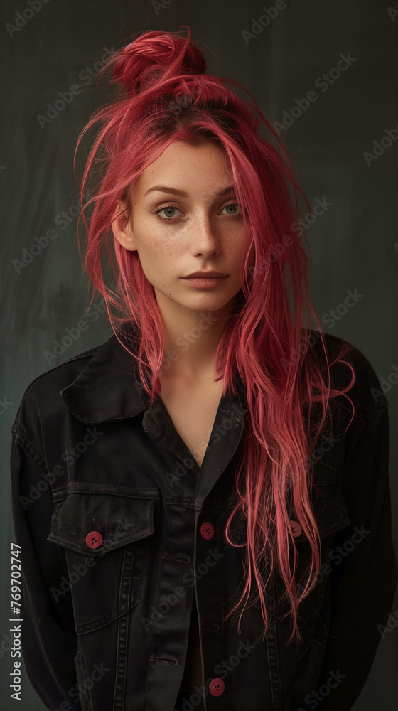 Young woman with vibrant pink hair and subtle makeup. Young woman with vibrant pink hair and subtle makeup.