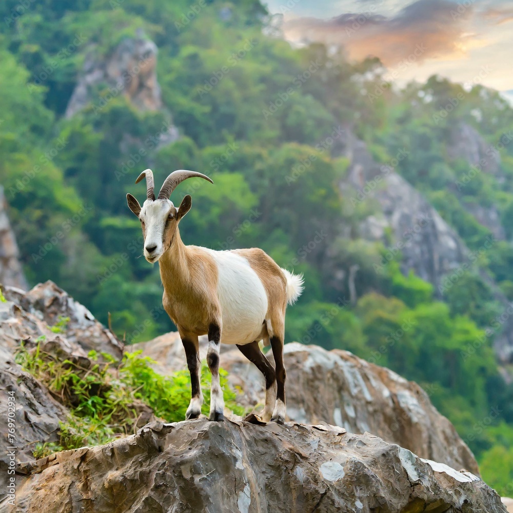 Beautiful screw-horn goat stand on the stone green land mountain