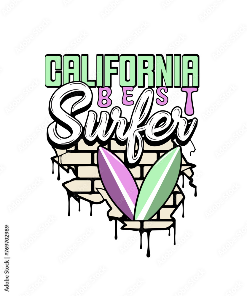 Obraz premium California surfer, t shirt, t shirt design, graffiti , graffiti art, holiday summer, vacation summer, fun summer, summertime, Summer design, summer illustration, beach, beach vibes, surf.