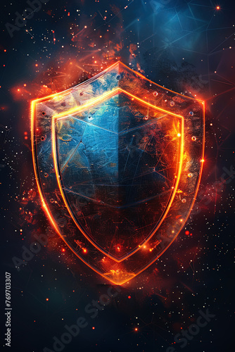 Vertical abstract cyber security illustration with shield in blue tones and with glowing neon orange dotted outline