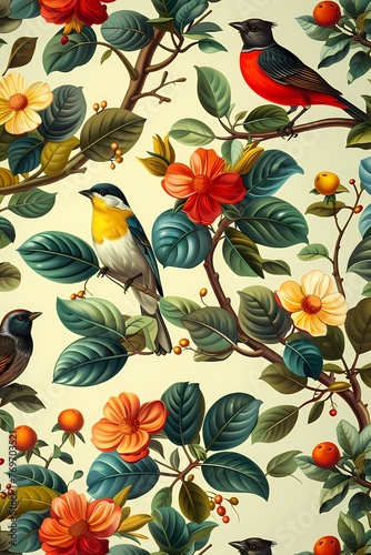 Vibrant bird on tree branch pattern, for card background, wallpaper and wall art, © Wipada
