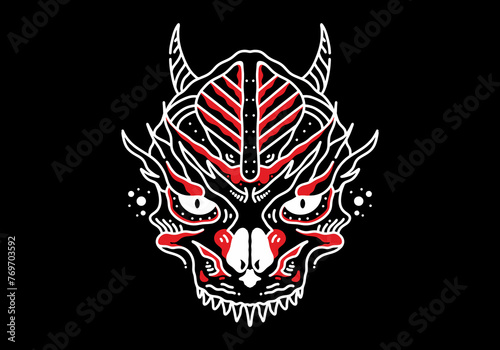 Demonic figure against a black backdrop with red, white, and black lines