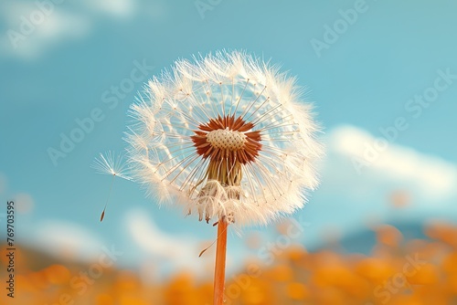Closeup of a white fluffy dandelion flower in a field against blurred mountains and blue sky background