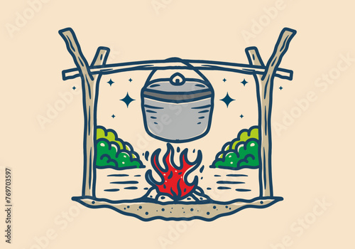 Logo of a pot resting on an open flame next to a stack of firewood