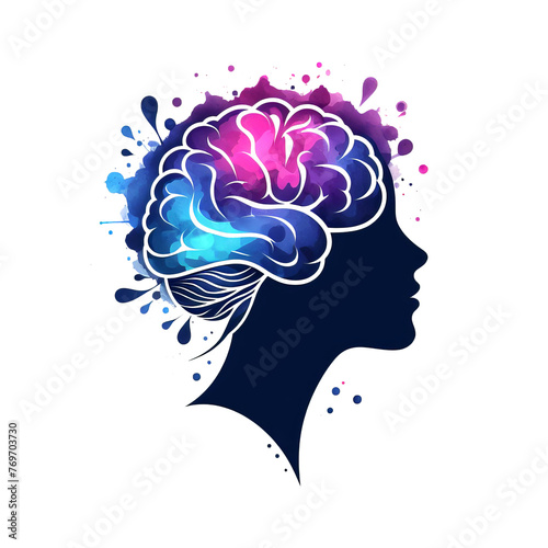 Head profile of a woman with a multicolored brain, the concept of cognitive psychology or psychotherapy, mental health, brain problem, personality disorder. Watercolor style