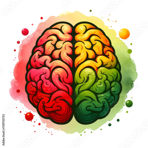 Isolated brain, red, yellow, green, watercolor style. The concept of psychology, emotions, reflections, reason, ideas