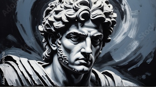 Greek god apollo portrait black theme oil pallet knife paint painting on canvas with large brush strokes modern art illustration from Generative AI