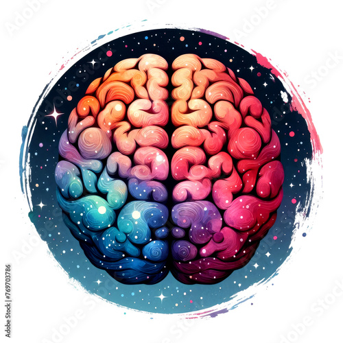 Isolated multicolored brain in a circle of dark starry sky, watercolor style. The concept of psychology, emotions, reflections, reason, ideas
