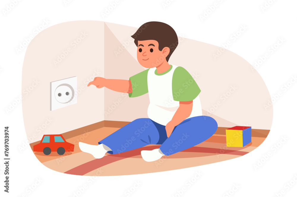 Dangers for kids concept with people scene in flat cartoon design. The child is careless with the electrical outlet, which can lead to a dangerous situation. Vector illustration.
